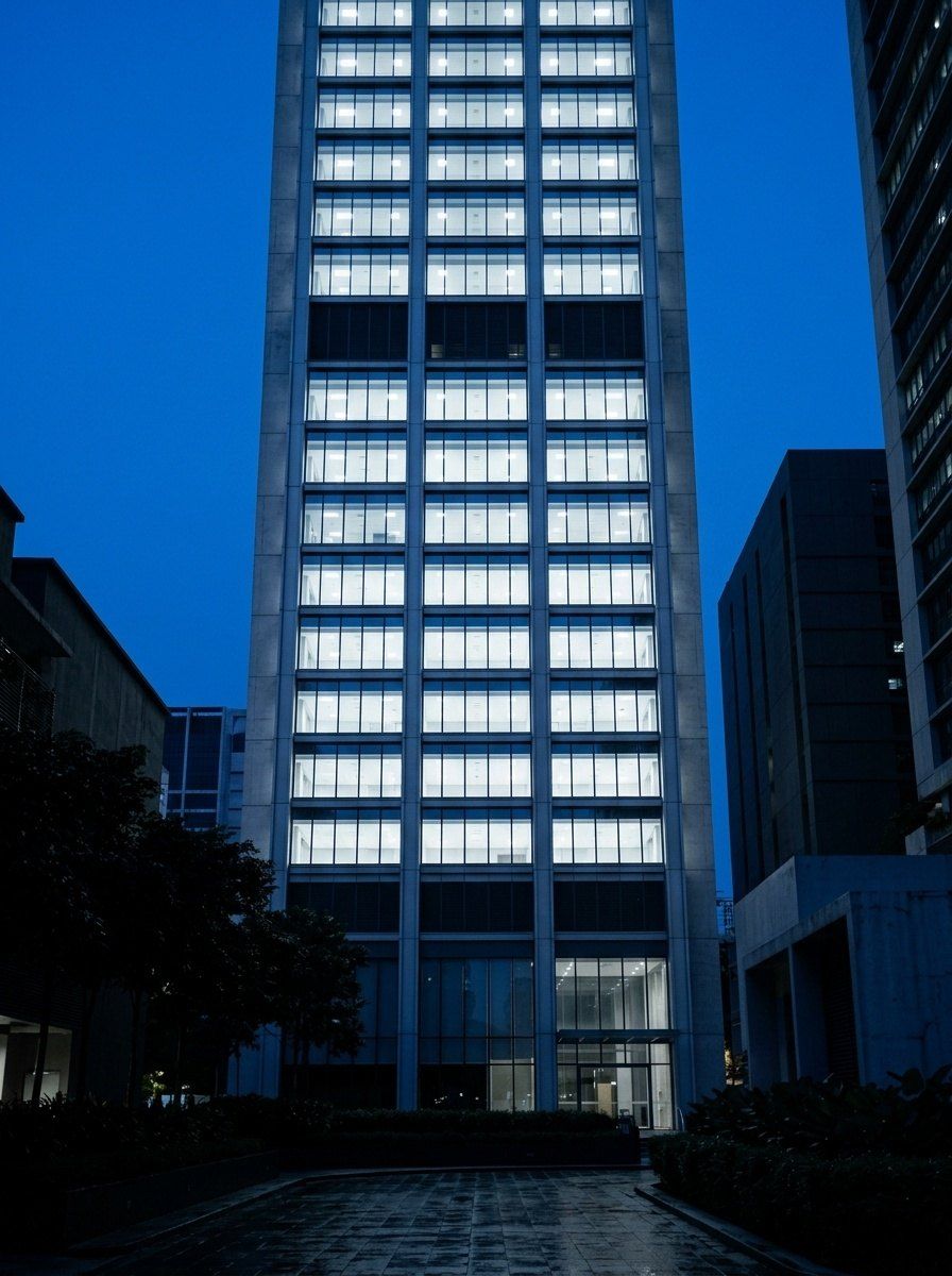 Glass and concrete office tower in Kuala Lumpur seen from below at blue hour, lit floors against a deep blue sky