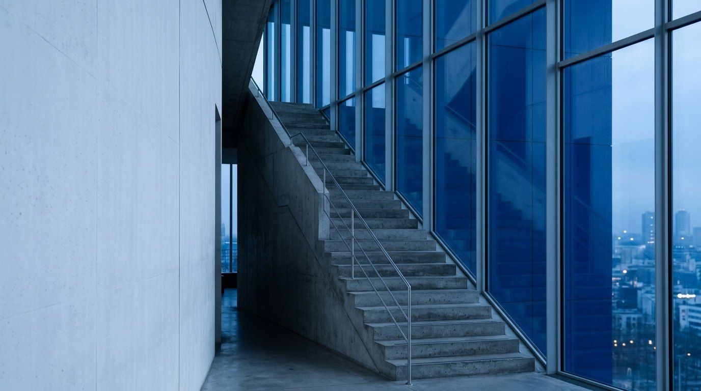 Concrete stair and a glass wall in a quiet office building, cool morning light falling across the steps