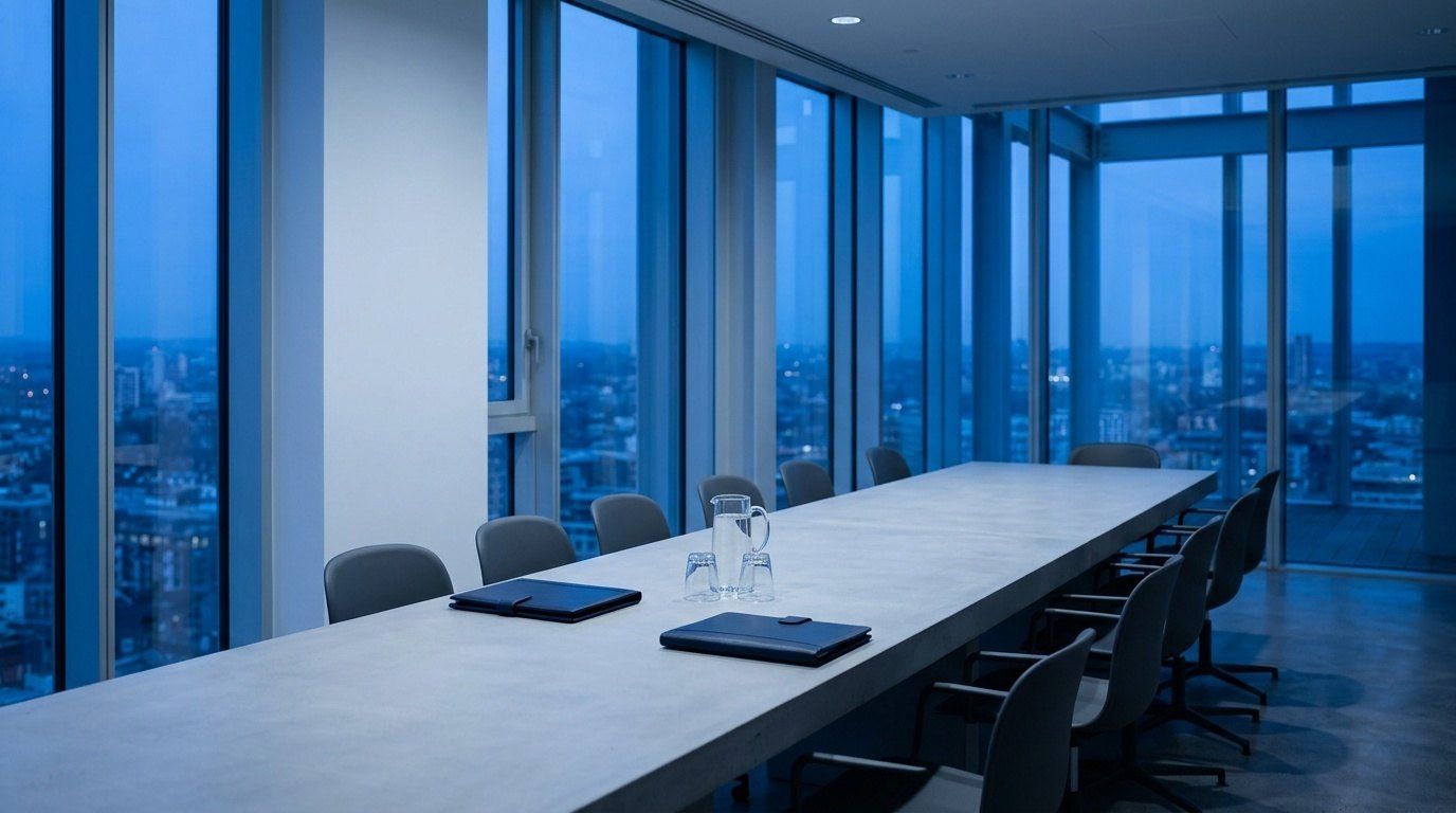 Meeting room with a long pale table, a few document folders and a jug of water, blue city light through tall windows